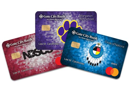 Collage of Gate City Bank school debit cards for NDSCS, Circle of Nations and Wahpeton High School