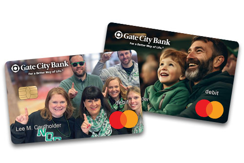 Pair of two custom Gate City Bank debit card designs, featuring UND Fighting Hawks fans and a proud dad with his son