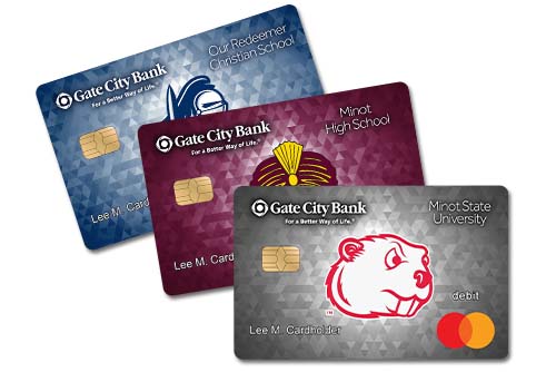 Collage of Gate City Bank school debit cards for Minot State University, Minot High School and Our Redeemer’s School 