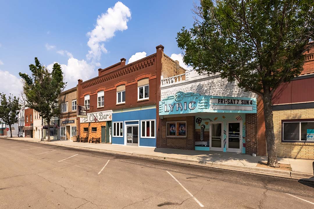 Street view of Briggs Avenue in Park River, ND, in front of the historic Lyric Theatre