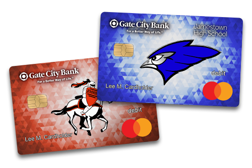 Collage of Gate City Bank school debit cards for Jamestown High School and the University of Jamestown Jimmies