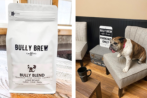 Collage of Bully Brew Coffee packaging and the business’s bulldog mascot known throughout Fargo and Grand Forks, ND